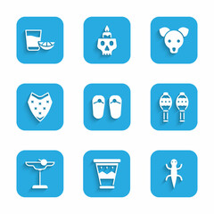 Sticker - Set Flip flops, Mexican drum, Lizard, Maracas, Margarita cocktail, Poncho, Dog and Tequila glass with lemon icon. Vector