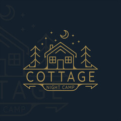 Wall Mural - cabin or cottage line art logo vector illustration template icon graphic design. night camp at natur