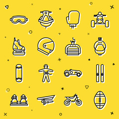 Sticker - Set line Rugby ball, Ski and sticks, Helmet action camera, Boxing glove, Skates, goggles and lift icon. Vector