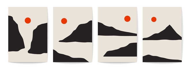 Wall Mural - minimalist mountain landscape posters. set of abstract nature backgrounds, hills, sun silhouettes. t