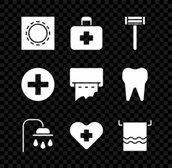 Sticker - Set Condom in package safe sex, First aid kit, Shaving razor, Shower head, Heart with cross, Towel hanger, Cross hospital medical and Paper towel dispenser wall icon. Vector