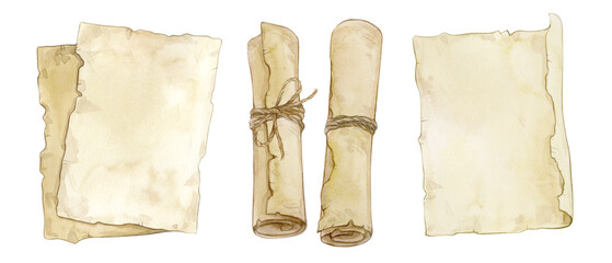 Set of watercolor illustrations of old paper sheets and scrolls isolated on a white background.