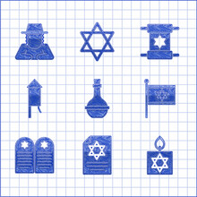 Set Jewish Wine Bottle, Torah Scroll, Burning Candle, Flag Of Israel, Tombstone With Star David, Firework Rocket, And Orthodox Jewish Hat Icon. Vector