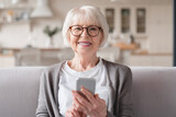 Fototapeta  - Closeup cropped front view photo of senior old elderly caucasian woman grandmother using smart phone cellphone for e-banking e-commerce, surfing social media online at home