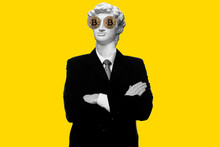 Abstract Modern Collage. The Man With The Plaster Head Of David Smiling Businessman Standing With Arms Folded With Bitcoin Eyes Isolated On Yellow Background