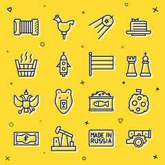 Sticker - Set line Cannon, Moon with flag, Chess, Satellite, Rocket ship, Sauna bucket, Accordion and National Russia icon. Vector