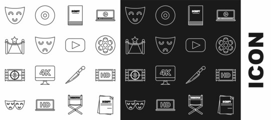 Poster - Set line Scenario, 4k movie, tape, frame, Film reel, Drama theatrical mask, Carpet with barriers and star, Comedy and Play icon. Vector