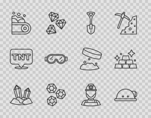 Sticker - Set line Gem stone, Miner helmet, Shovel, Conveyor belt carrying coal, Safety goggle glasses, and Gold bars icon. Vector