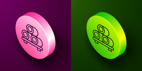 Sticker - Isometric line Sushi on cutting board icon isolated on purple and green background. Asian food sushi on wooden board. Circle button. Vector