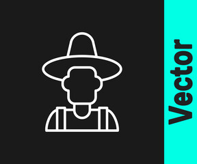 Poster - White line Farmer in the hat icon isolated on black background. Vector