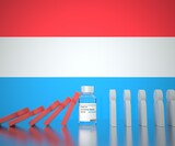 Fototapeta Tęcza - Coronavirus vaccine stops falling of people figures against the flag of Luxembourg. Conceptual 3D rendering