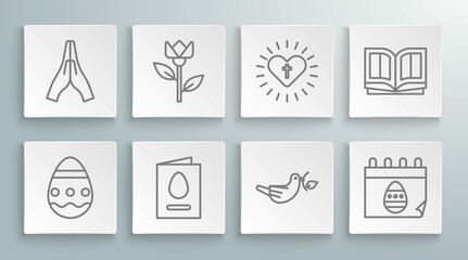 Sticker - Set line Easter egg, Flower tulip, Greeting card with Happy, Peace dove olive branch, Calendar, Christian cross and heart, Holy bible book and Hands praying position icon. Vector