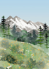 landscape clipart, watercolor mountain lake clipart, forest background clip art, summer nature digit