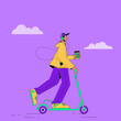 © Ирина Тюжина - a young man on a scooter listens to music and drinks coffee to go. Morning exercise, serenity. Vector illustration on a purple background.