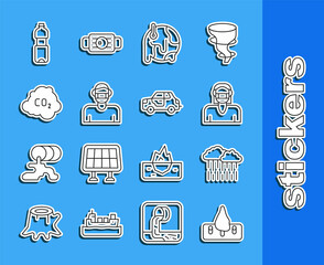 Sticker - Set line Deforestation, Cloud with rain, Face protective mask, Global warming, CO2 emissions cloud, Bottle of water and Car icon. Vector