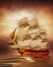Sailing Ship Galleon Sails Full Canons Lowered. Illustration