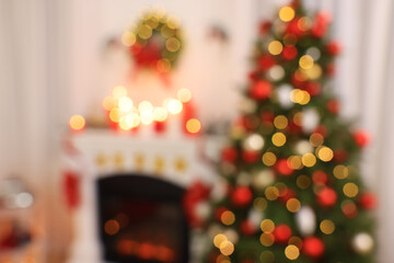 Canvas Print - Blurred view of room with Christmas tree near fireplace