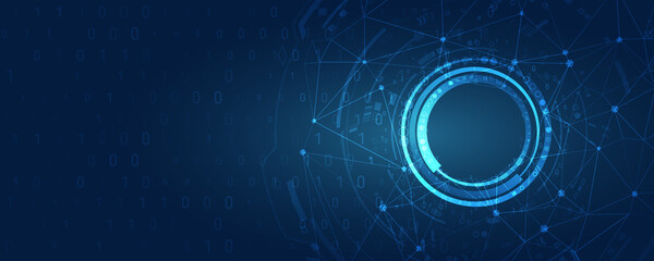 Poster - Hi-tech computer digital technology concept. Abstract technology communication vector illustration. Wide Blue background with various technological elements.