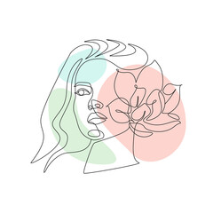 Poster - Woman face with flower in one continuous line drawing. Abstract female portrait in simple linear style with magnolia floral motif. Vector illustration with spring colours freeform
