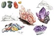 Watercolor crystals and pebbles stones set. Amethyst crystals, crystal cluster, isolated on white background.