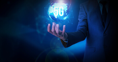 Aufkleber - 5G Internet Globe Glowing in the Hand of Business Man with Free Copy Space. Abstract Futuristic Technology concept backdrop