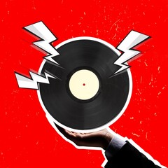 Poster - Timelsess music. Composition with retro vinyl record on bright background.