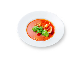 Wall Mural - Tomato soup with mussels and basil on a white isolated background
