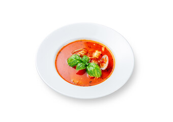 Sticker - Tomato soup with mussels and basil on a white isolated background