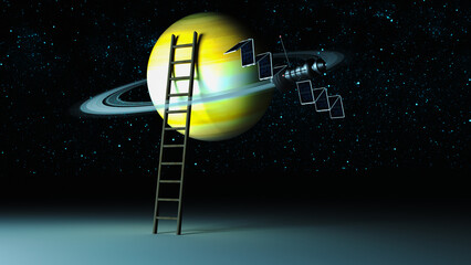 Wall Mural - ladder to the planet saturn (3d rendering,this image elements furnished by nasa)