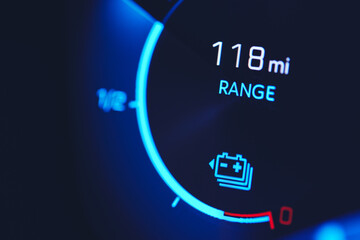 Close-in shot of electric car battery range gauge