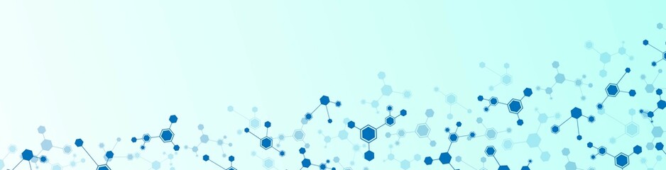 Poster - Vector blue background frame. A pattern of hexagons, cells connected by lines. A plexus of molecules. Chemical science. Network technology. Mobile cells. Poster social networks, websites, medicine