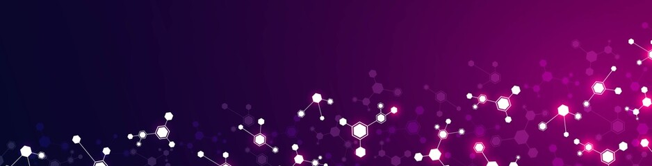 Poster - Vector background frame. A pattern of hexagons, cells connected by lines. Neon glow, stars. A plexus of molecules. Chemical science. Network technology. Poster social networks, websites, medicine.