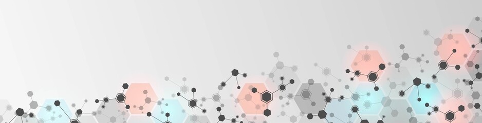 Poster - Vector halftone background frame. Pattern of hexagons, cells connected by lines. Neon glow. Plexus of molecules. Chemical science. Network technology. Poster social networks, websites, medicine.