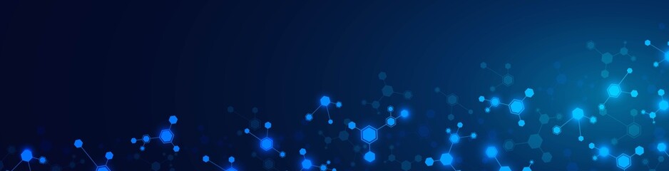Poster - Vector background frame. A pattern of hexagons, cells connected by lines. Neon glow, stars. A plexus of molecules. Chemical science. Network technology. Poster social networks, websites, medicine.