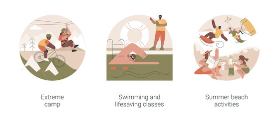 Poster - Summer sports and recreation abstract concept vector illustration set. Extreme camp, swimming and lifesaving classes, summer beach activities, adventure park, surfing and diving abstract metaphor.