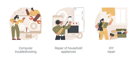 Poster - Repair and maintenance services abstract concept vector illustration set. Computer troubleshooting, DIY repair of household appliances, warranty, video tutorial, problem fix abstract metaphor.
