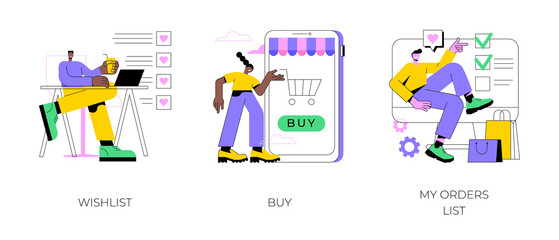Fototapete - online shopping abstract concept vector illustration set. wishlist, buy, my orders list, add to shop
