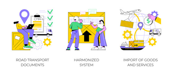 Poster - International logistics abstract concept vector illustration set. Road transport documents, harmonized system, import of goods and services, CMR, HTS code service, trading goods abstract metaphor.