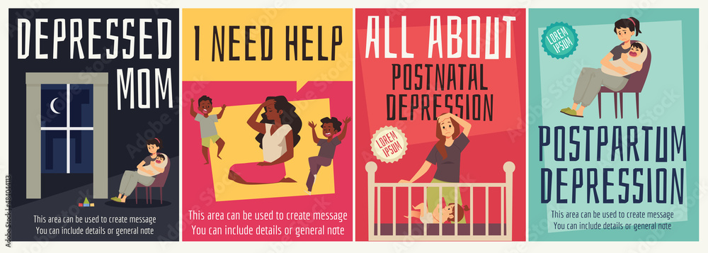 Postpartum Depression Posters flat vector set. Tired mom have anxiety ...