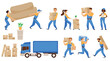 © sabelskaya - Set of characters of loaders or movers, flat vector illustration isolated.