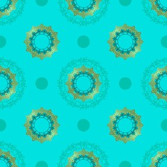 Poster - Seamless turquoise background with circular oriental patterns and gold. Patterned lace texture. Vector illustration.