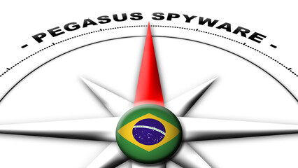 Brazil Globe Sphere Flag and Compass Concept Pegasus Spyware Titles – 3D Illustration