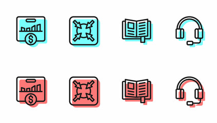 Poster - Set line Reading book, Key performance indicator, Target and Headphones icon. Vector