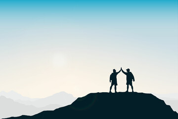 Silhouette group of people congratulating success on top of mountain. Sky background. Teamwork, target and goal concept.	