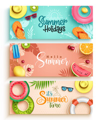Fototapete - Summer vector background set design. Summer greeting text with fruits, floater and leaves tropical objects for fun and enjoy holiday vacation banner collection. Vector illustration.
