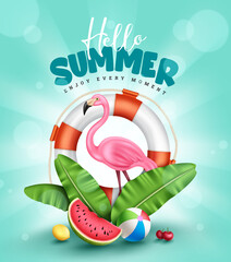Wall Mural - Summer vector poster design. Hello summer text with tropical elements of flamingo, lifebuoy and banana leaves for enjoy holiday vacation decoration. Vector illustration.
