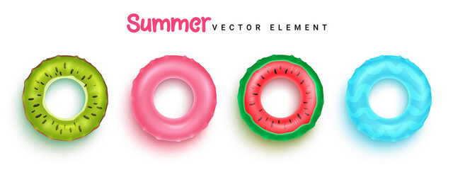 Poster - Summer floaters vector set design. Swimming 3d floater rings in fruit and patterns decoration isolated in white background for summer float element collection. Vector illustration.
