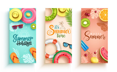 Fototapete - Summer vector poster set design. Summer greeting text collection with floaters, hat and fruits element for colorful tropical season holiday decoration. Vector illustration.
