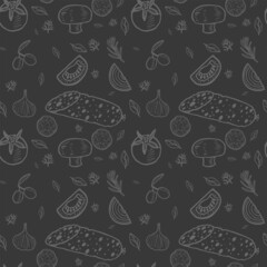 Wall Mural - Pepperoni Pizza Ingredients Thin Line Seamless Pattern Background on a Black for Menu Italian Restaurant . Vector illustration
