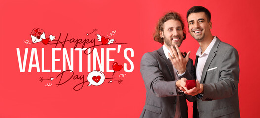 Sticker - Happy engaged gay couple on red background. Valentine's Day celebration